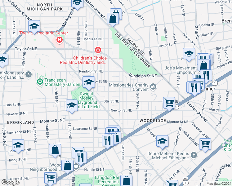 map of restaurants, bars, coffee shops, grocery stores, and more near 2223 Perry Street Northeast in Washington