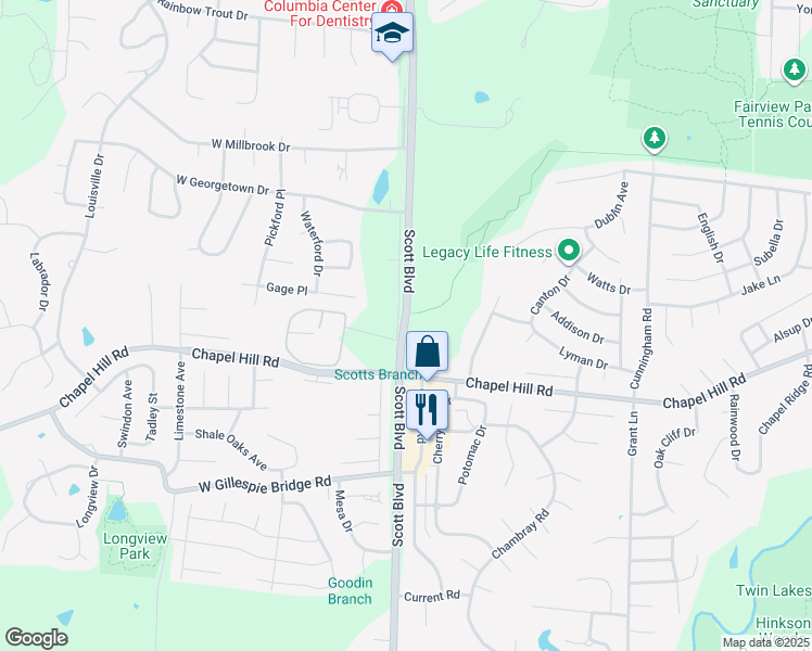 map of restaurants, bars, coffee shops, grocery stores, and more near 1501 South Scott Boulevard in Columbia