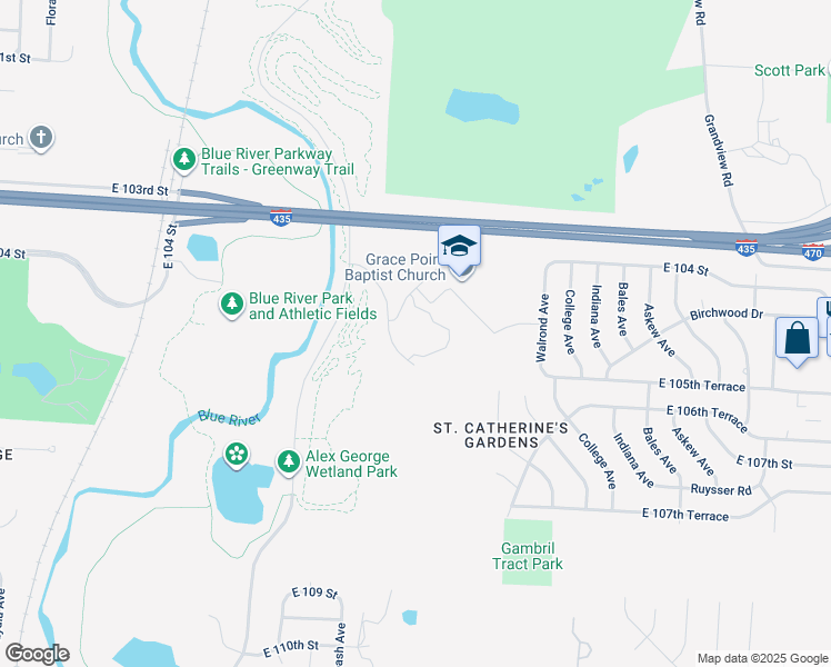 map of restaurants, bars, coffee shops, grocery stores, and more near 10425 Chestnut Avenue in Kansas City