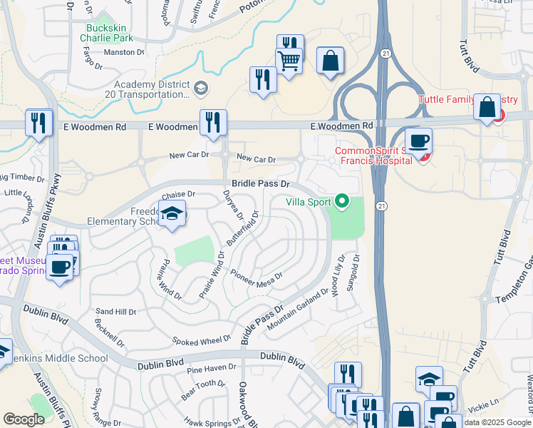 map of restaurants, bars, coffee shops, grocery stores, and more near 7026 Grand Prairie Drive in Colorado Springs