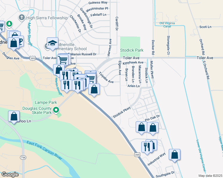 map of restaurants, bars, coffee shops, grocery stores, and more near 1386 Village Way in Gardnerville