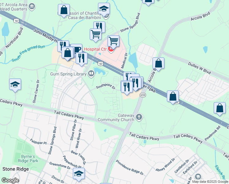 map of restaurants, bars, coffee shops, grocery stores, and more near 24630 Seacliff Terrace in Aldie