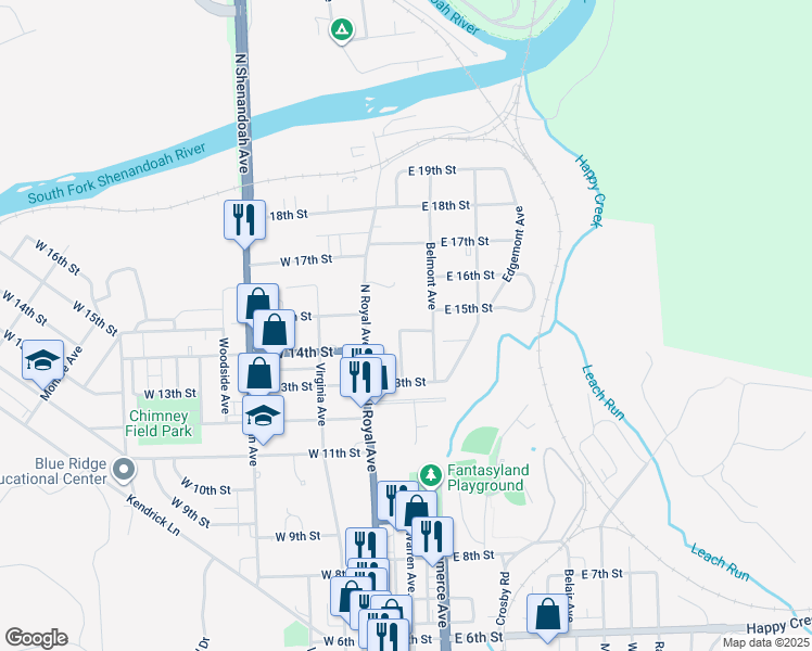 map of restaurants, bars, coffee shops, grocery stores, and more near Esa Lane in Front Royal