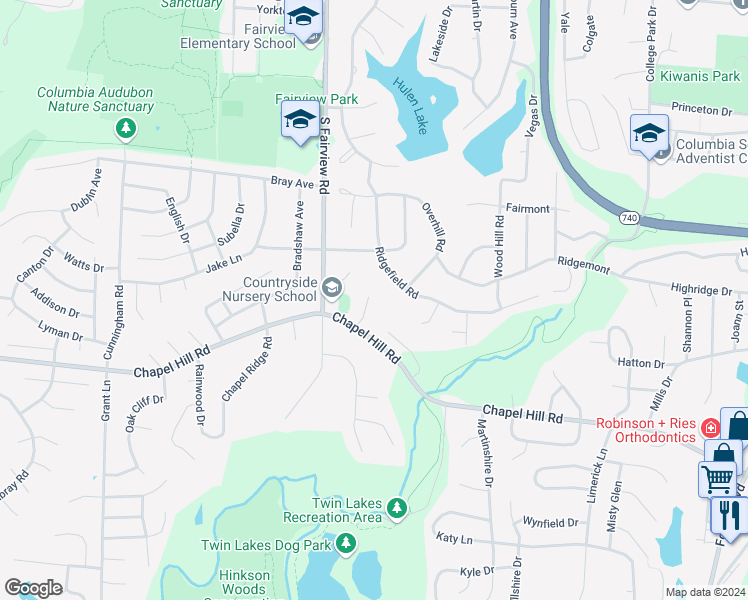 map of restaurants, bars, coffee shops, grocery stores, and more near 1612 Handley Place in Columbia