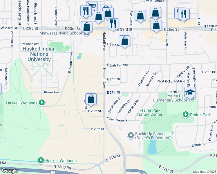 map of restaurants, bars, coffee shops, grocery stores, and more near 1008 East 27th Street in Lawrence