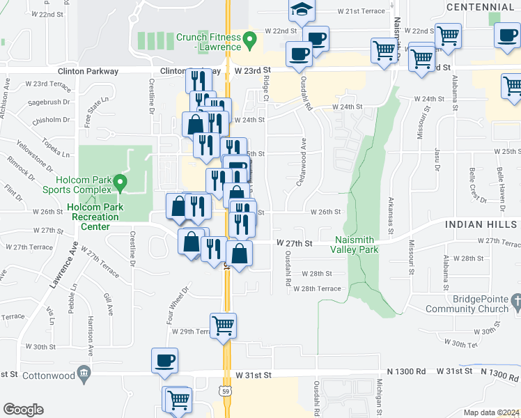 map of restaurants, bars, coffee shops, grocery stores, and more near 2566 Redbud Lane in Lawrence