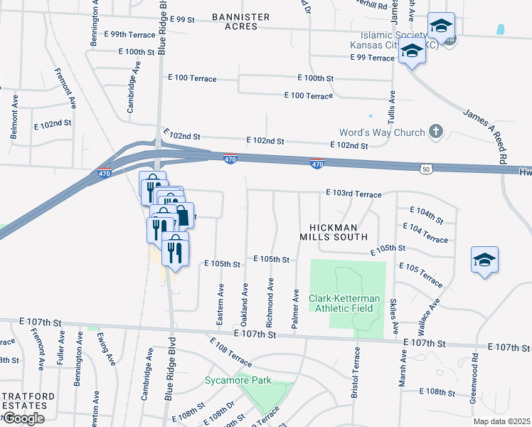 map of restaurants, bars, coffee shops, grocery stores, and more near 10316 Richmond Avenue in Kansas City