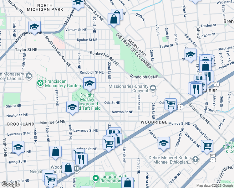 map of restaurants, bars, coffee shops, grocery stores, and more near 2223 Perry Street Northeast in Washington