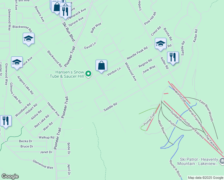 map of restaurants, bars, coffee shops, grocery stores, and more near 1439 Ski Run Boulevard in South Lake Tahoe