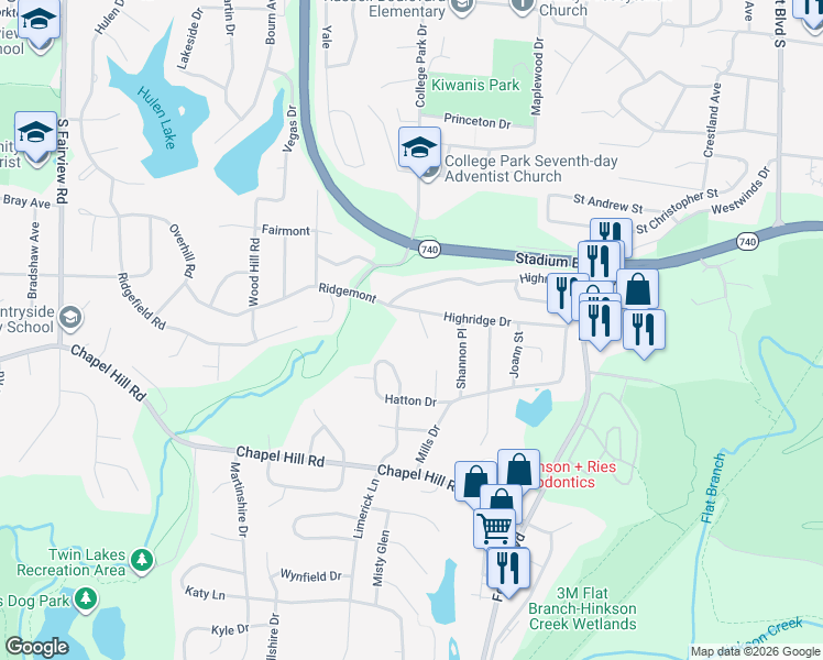 map of restaurants, bars, coffee shops, grocery stores, and more near 1409 Ridgemont Court in Columbia