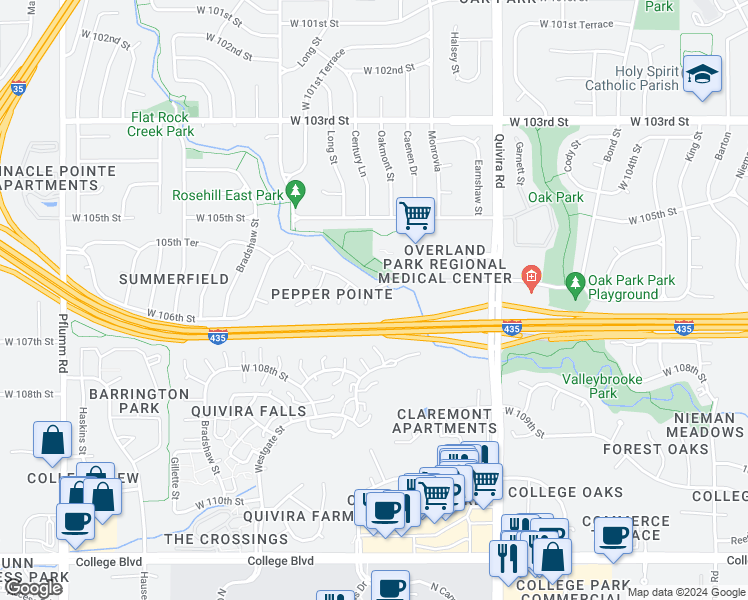 map of restaurants, bars, coffee shops, grocery stores, and more near 12303 105th Terrace in Lenexa