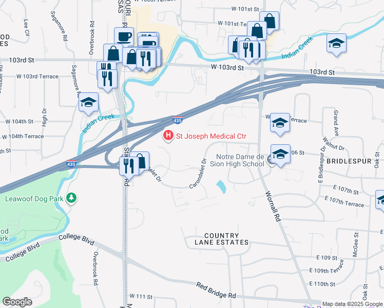 map of restaurants, bars, coffee shops, grocery stores, and more near 930 Carondelet Drive in Kansas City