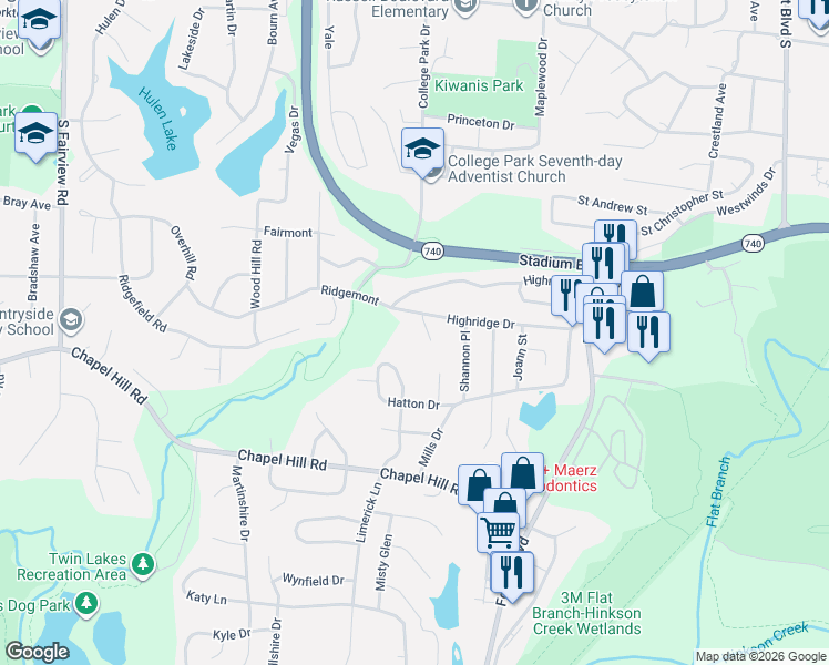 map of restaurants, bars, coffee shops, grocery stores, and more near 1409 Ridgemont Court in Columbia