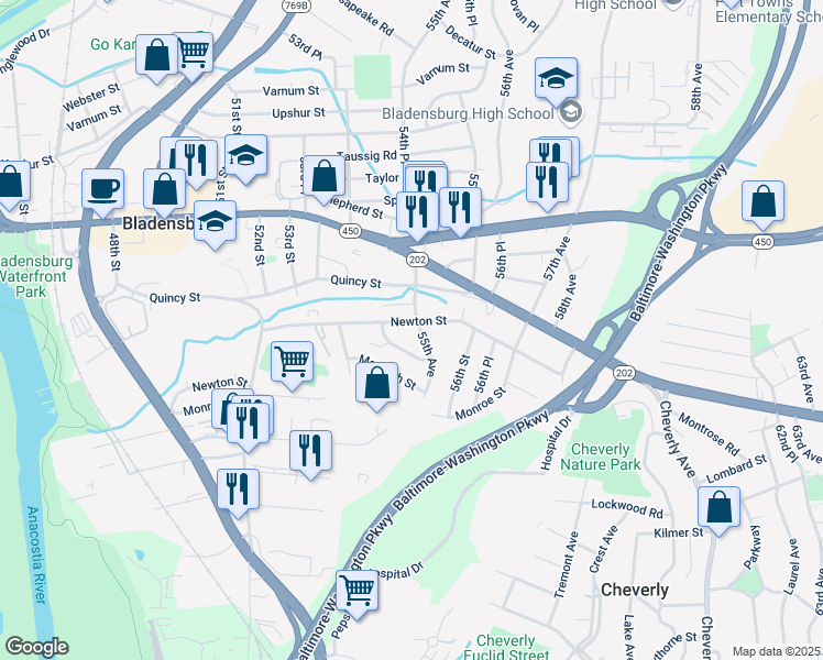 map of restaurants, bars, coffee shops, grocery stores, and more near 3554 55th Avenue in Hyattsville