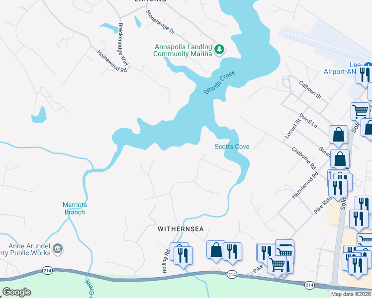 map of restaurants, bars, coffee shops, grocery stores, and more near 3158 Rolling Road in Edgewater