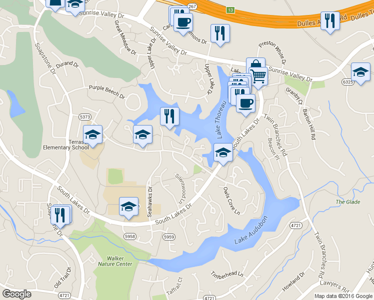 map of restaurants, bars, coffee shops, grocery stores, and more near 2038 Lakebreeze Way in Reston