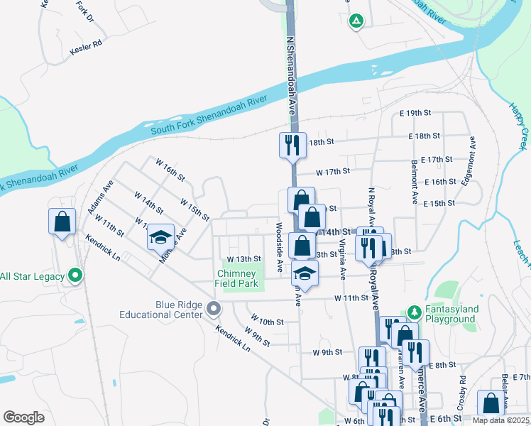 map of restaurants, bars, coffee shops, grocery stores, and more near 417 West 15th Street in Front Royal