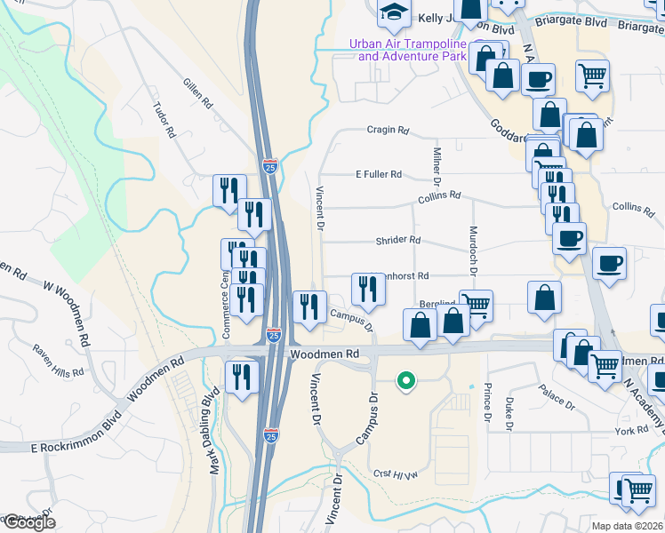 map of restaurants, bars, coffee shops, grocery stores, and more near 827 East Venhorst Road in Colorado Springs