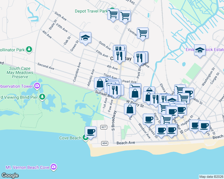 map of restaurants, bars, coffee shops, grocery stores, and more near 110 Broadway in West Cape May