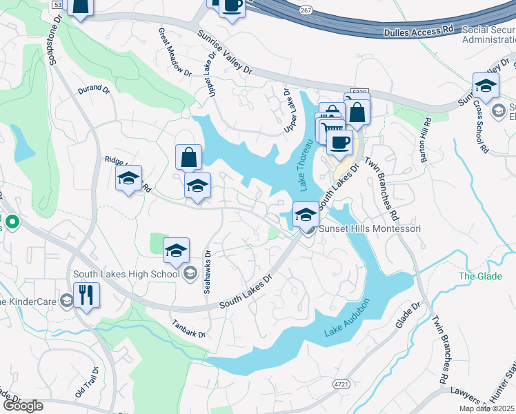 map of restaurants, bars, coffee shops, grocery stores, and more near 2038 Lakebreeze Way in Reston