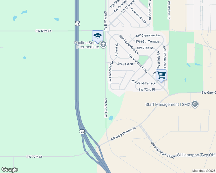 map of restaurants, bars, coffee shops, grocery stores, and more near 7235 Southwest Glencrest Drive in Topeka
