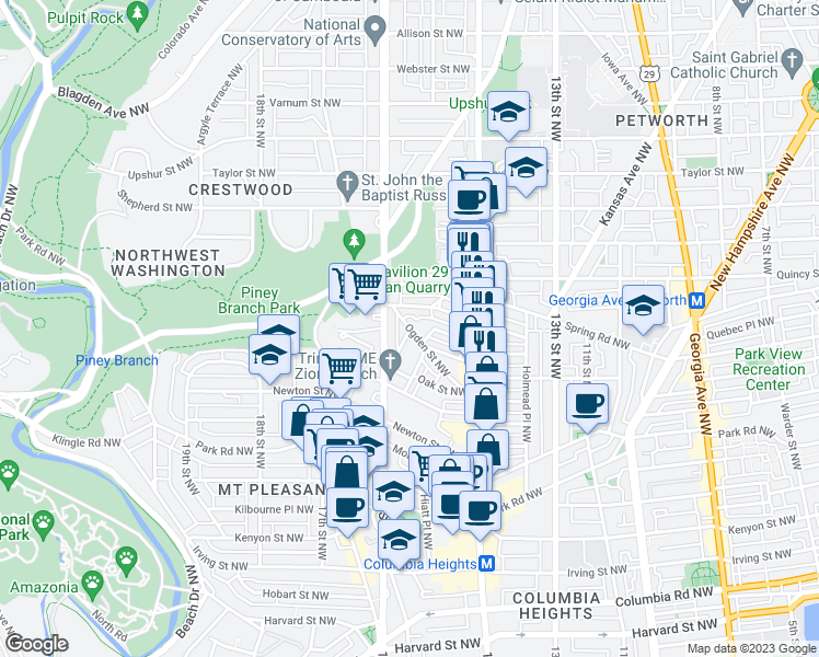 map of restaurants, bars, coffee shops, grocery stores, and more near Ogden Street Northwest & Hertford Place Northwest in Washington