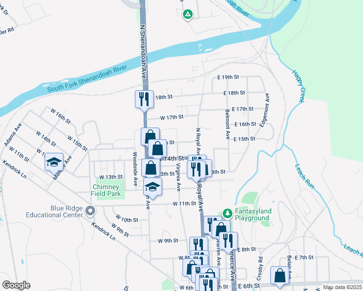 map of restaurants, bars, coffee shops, grocery stores, and more near 30 West 15th Street in Front Royal