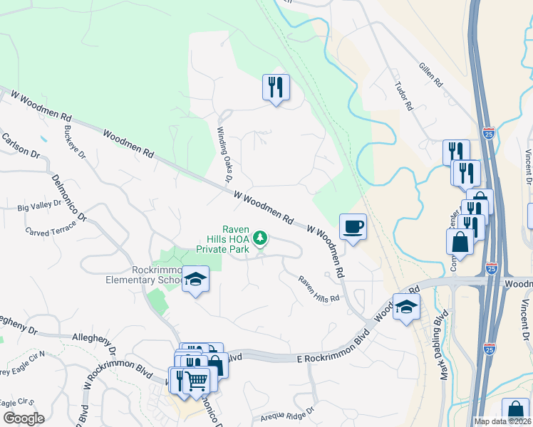 map of restaurants, bars, coffee shops, grocery stores, and more near 40 Raven Hills Court in Colorado Springs