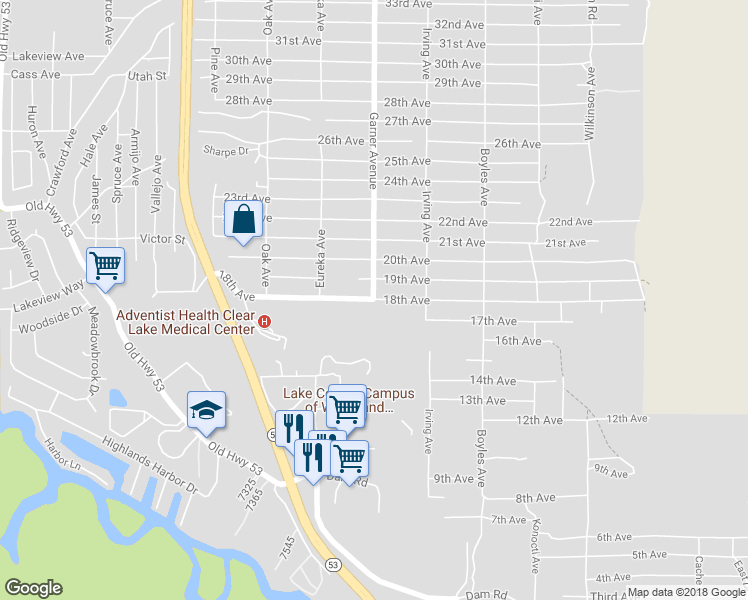 map of restaurants, bars, coffee shops, grocery stores, and more near 15901 18th Avenue in Clearlake