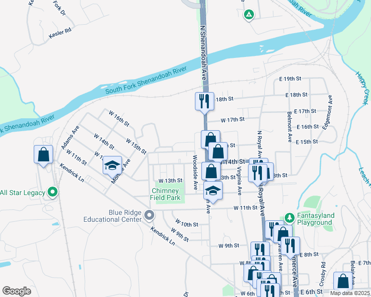 map of restaurants, bars, coffee shops, grocery stores, and more near 417 West 15th Street in Front Royal