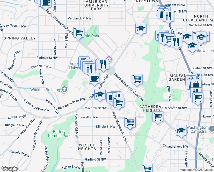 map of restaurants, bars, coffee shops, grocery stores, and more near 4400 Massachusetts Avenue Northwest in Washington