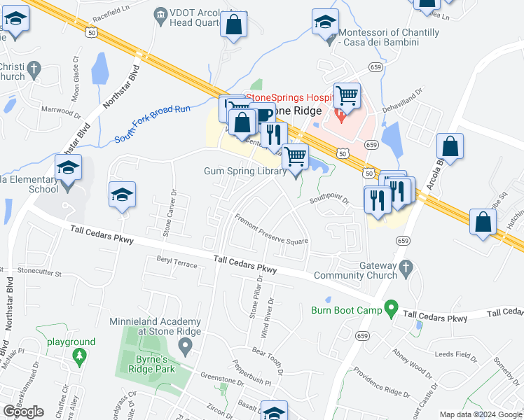 map of restaurants, bars, coffee shops, grocery stores, and more near 24639 Nettle Mill Square in Aldie
