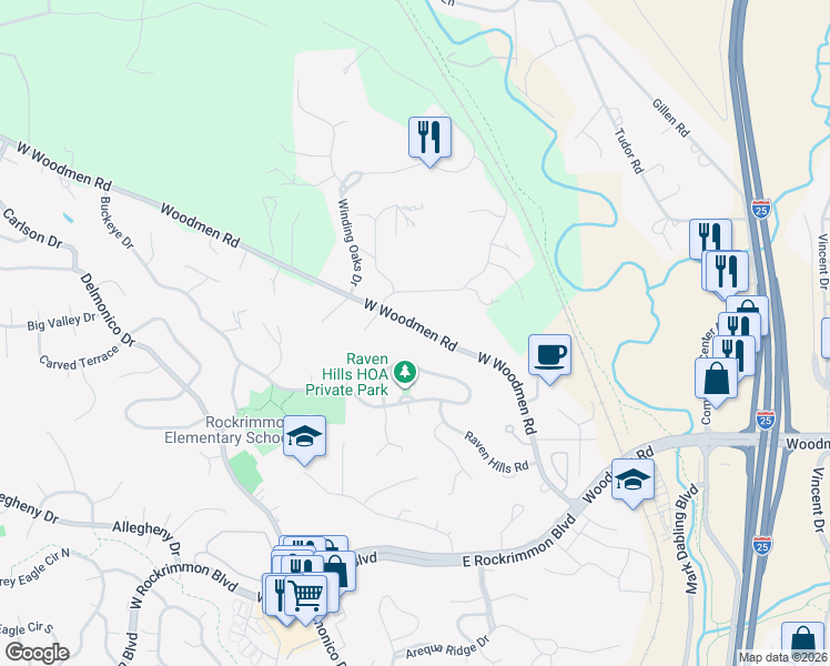 map of restaurants, bars, coffee shops, grocery stores, and more near 40 Raven Hills Court in Colorado Springs