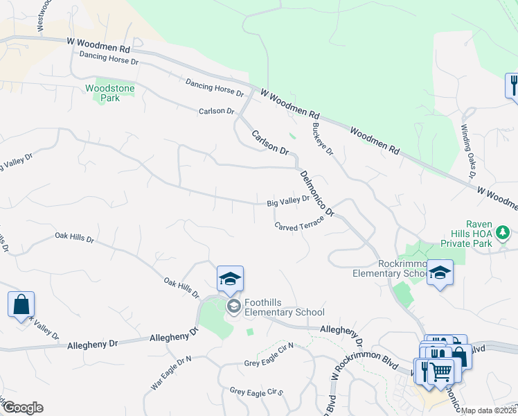 map of restaurants, bars, coffee shops, grocery stores, and more near 7220 Fleetwood Court in Colorado Springs