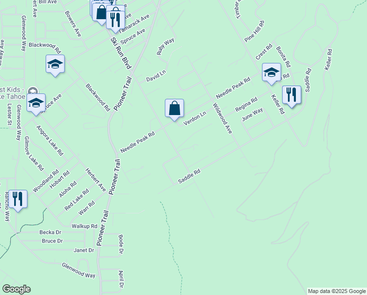 map of restaurants, bars, coffee shops, grocery stores, and more near 1439 Ski Run Boulevard in South Lake Tahoe