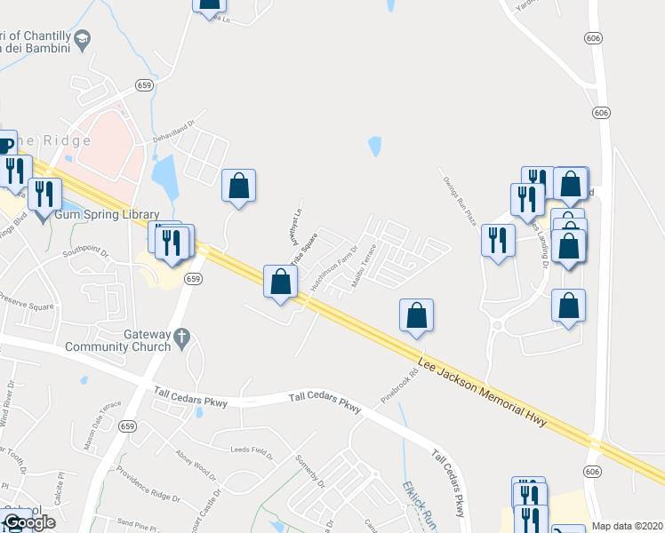 map of restaurants, bars, coffee shops, grocery stores, and more near 24662 Hutchinson Farm Drive in Sterling