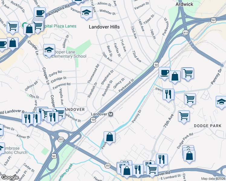 map of restaurants, bars, coffee shops, grocery stores, and more near 5303 Quincy Street in Hyattsville