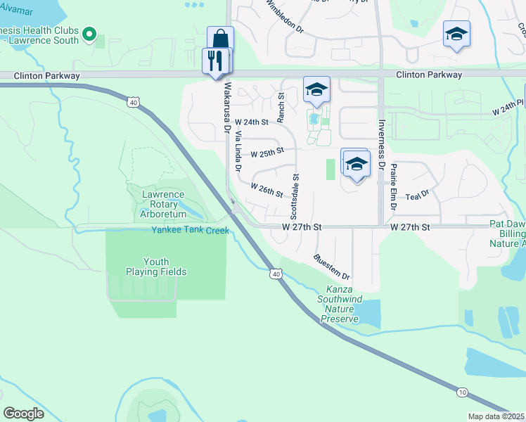 map of restaurants, bars, coffee shops, grocery stores, and more near 4798 West 27th Street in Lawrence