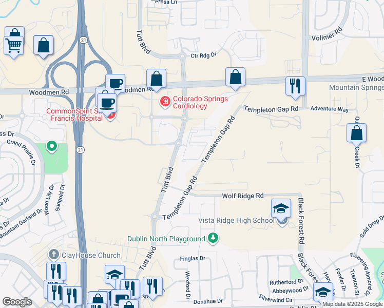 map of restaurants, bars, coffee shops, grocery stores, and more near 7295 Ascent View in Colorado Springs