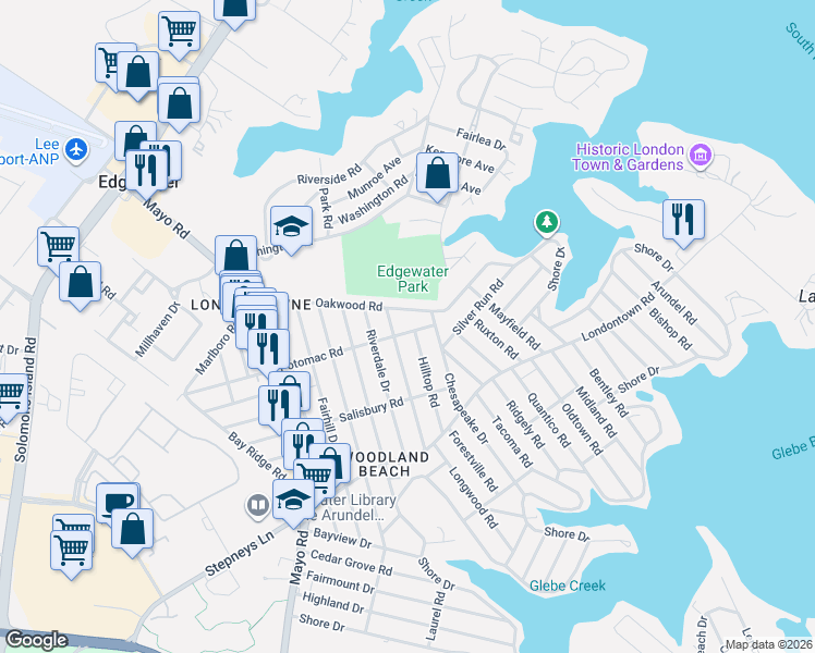 map of restaurants, bars, coffee shops, grocery stores, and more near 1708 Potomac Road in Edgewater