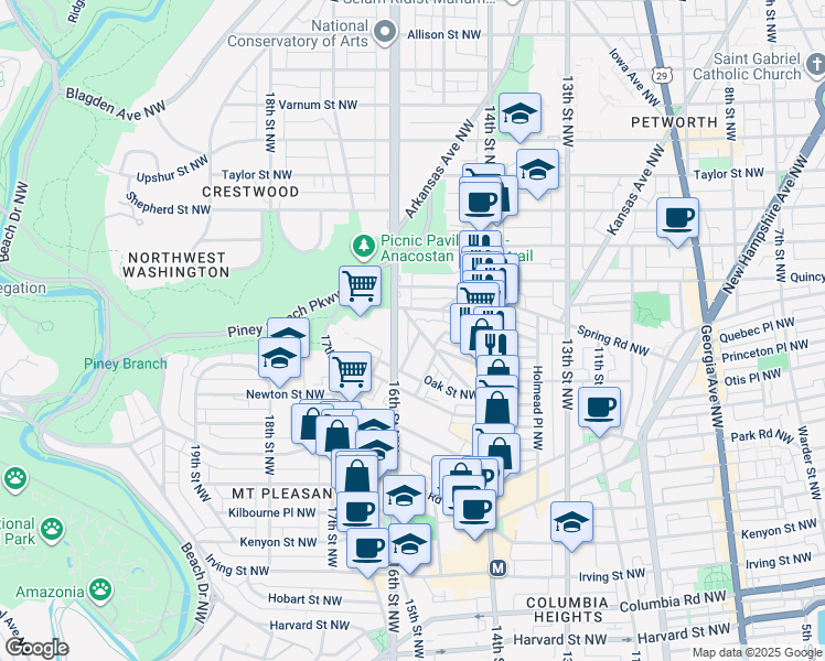 map of restaurants, bars, coffee shops, grocery stores, and more near 1532 Ogden Street Northwest in Washington