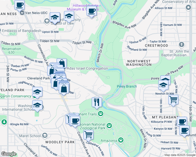 map of restaurants, bars, coffee shops, grocery stores, and more near 3545 Williamsburg Lane Northwest in Washington