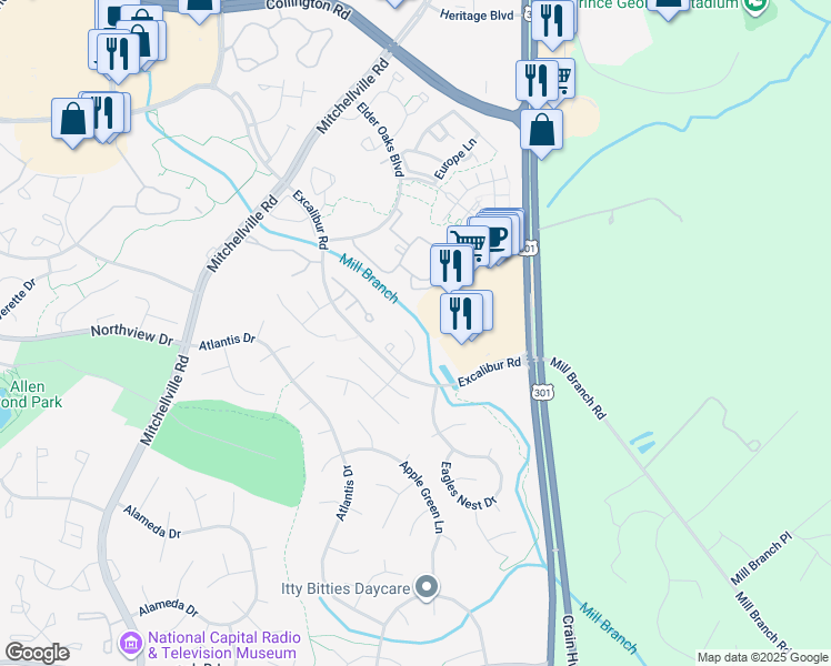 map of restaurants, bars, coffee shops, grocery stores, and more near 3543 Ellerton Road in Bowie