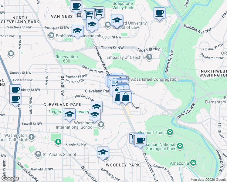map of restaurants, bars, coffee shops, grocery stores, and more near 3518 Connecticut Avenue Northwest in Washington