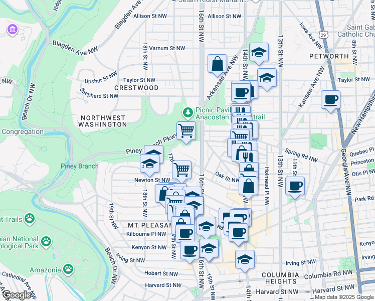 map of restaurants, bars, coffee shops, grocery stores, and more near 3636 16th Street Northwest in Washington