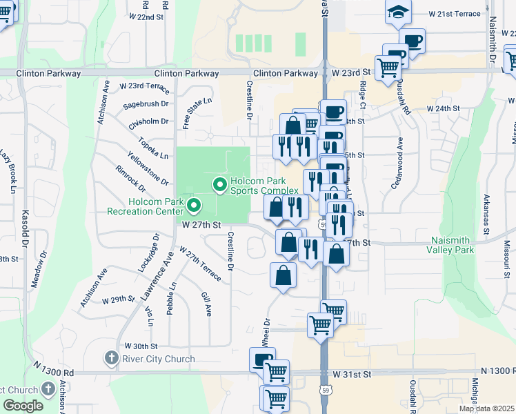 map of restaurants, bars, coffee shops, grocery stores, and more near 2310 West 26th Street in Lawrence