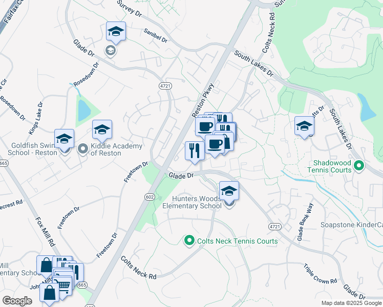 map of restaurants, bars, coffee shops, grocery stores, and more near 2384 Hunters Square Court in Reston