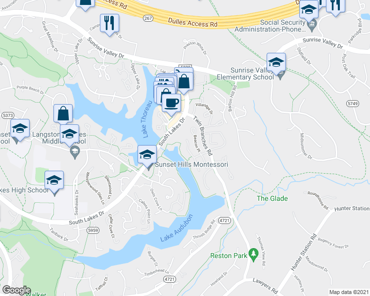 map of restaurants, bars, coffee shops, grocery stores, and more near 2034 Beacon Heights Drive in Reston