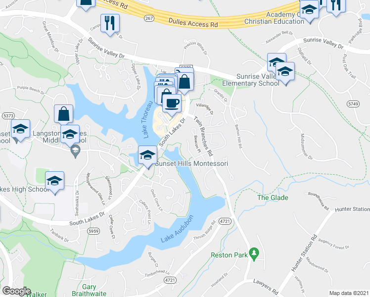 map of restaurants, bars, coffee shops, grocery stores, and more near 2034 Beacon Heights Drive in Reston