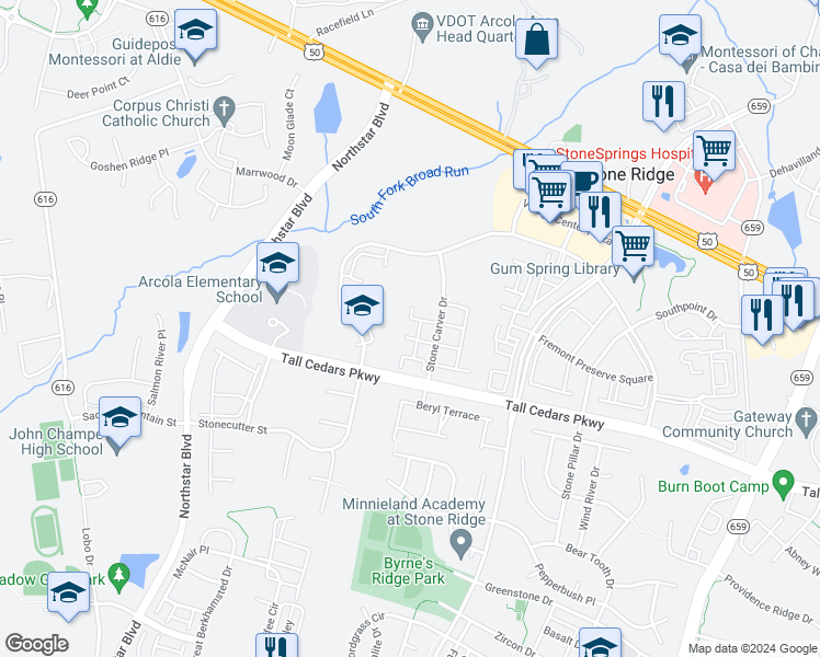 map of restaurants, bars, coffee shops, grocery stores, and more near 24637 Woolly Mammoth Terrace in Aldie